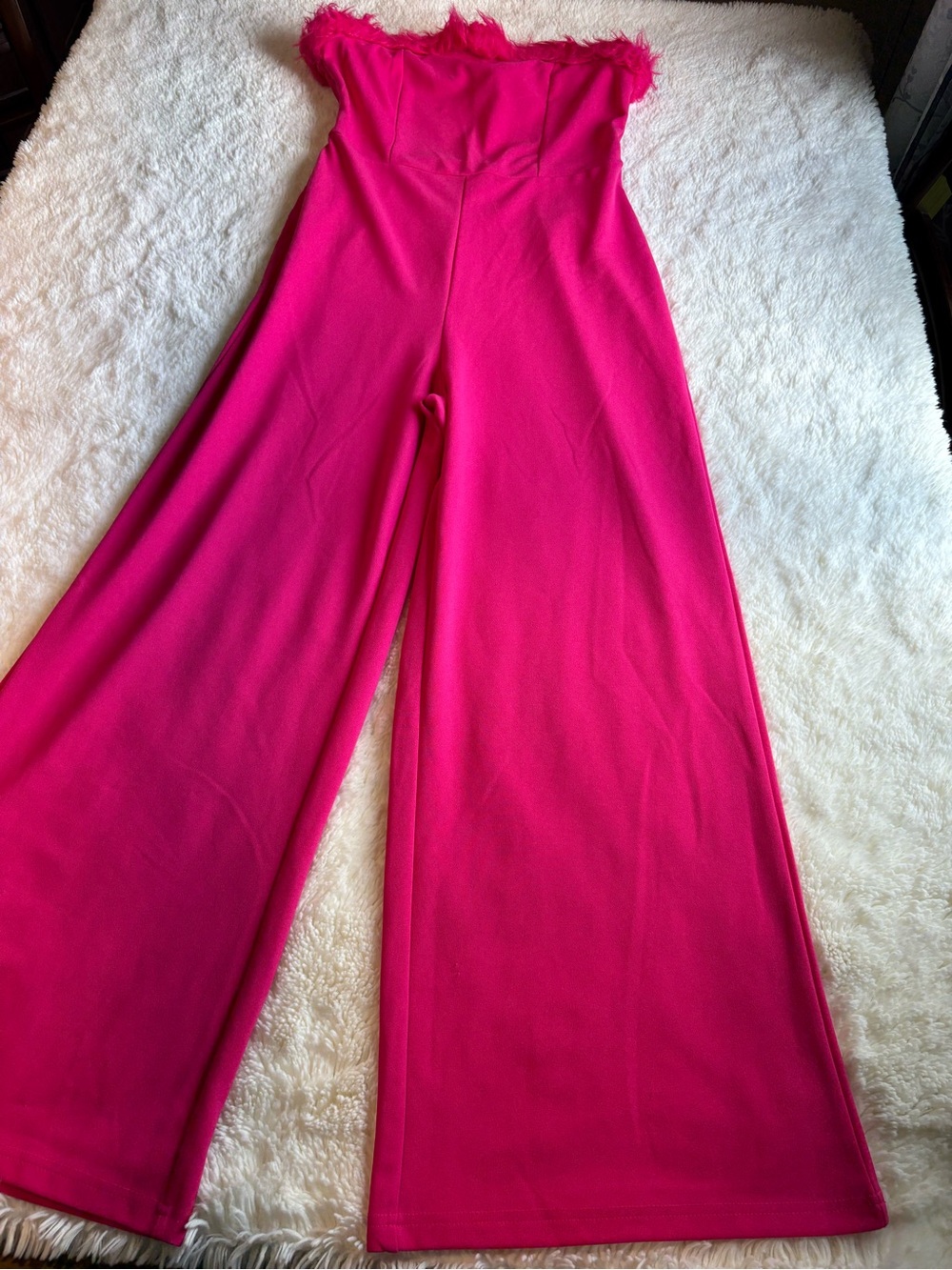 SHEIN Feather-Trim Strapless Wide-Leg Jumpsuit in Bright Pink